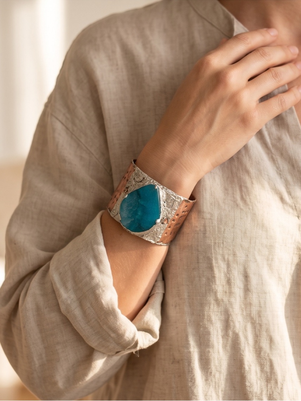 Rustic Copper & Silver Hammered Mermaid Cuff Bracelet W/ Blue Agate Stone
